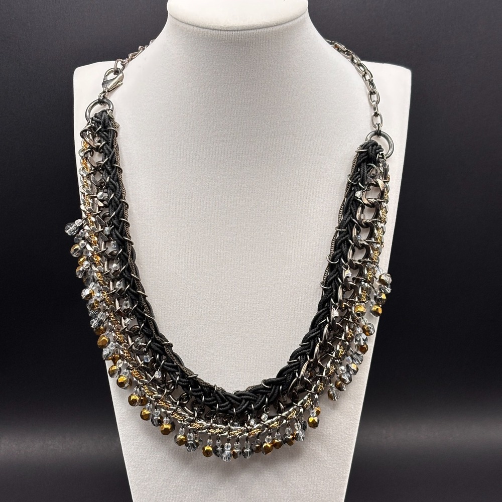 Vintage Y2K Black Cord Chain Dangle Beaded Statement Necklace Mixed Metal Boho - Picture 3 of 12